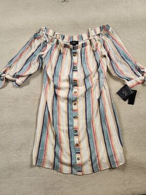IN Sanity Women’s XL Off Shoulder Stripe Dress NWT Boho Button Front